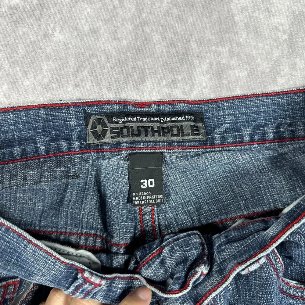Southpole Mens Baggy Denim Shorts Blue Red Stitch Y2K Hip Hop Skater Jorts 30x14